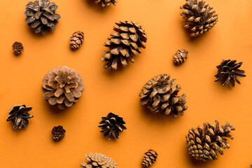 pine cones on colored table. natural holiday background with pinecones grouped together. Flat lay. Winter concept