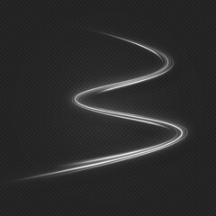 Shiny silver wave on transparent background. Magic sparkle lines. Silver sparkling light trail.