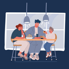 Cartoon vector illustraiton of Happy family having meal, dinner in caffe. Parents and kids sitting and eating. Mother, father and son talk at lunch together.