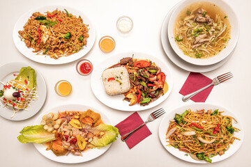 Set of weekend roast chicken and peruvian food dishes on menu with ceviche, seafood rice, lomo saltado, chocolate cake on white background