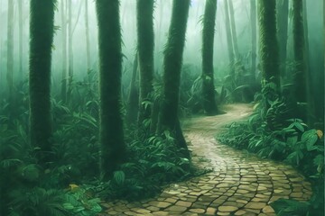 Asian tropical rainforest, crooked path of wood,