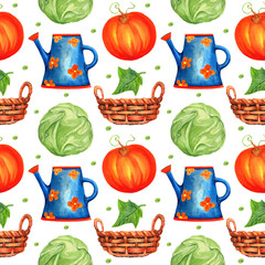 Watercolor seamless pattern with vegetables, garden watering can and basket. Transparent layer.