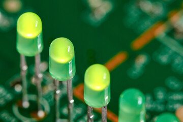 Closeup of LED indicators on the printed circuit board of the router