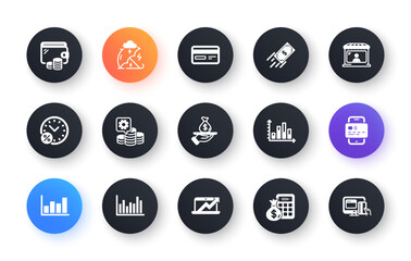 Minimal set of Fast payment, Stress protection and Loan percent flat icons for web development. Making money, Report diagram, Sales diagram icons. Finance calculator, Wallet. Vector