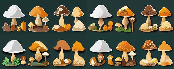 Cartoon mushrooms. Poisonous and edible mushroom, chanterelle, cep, amanita and truffle isolated vector illustration set. Forest wild mushrooms types. Organic porcini and chanterelle, poisonous fungus