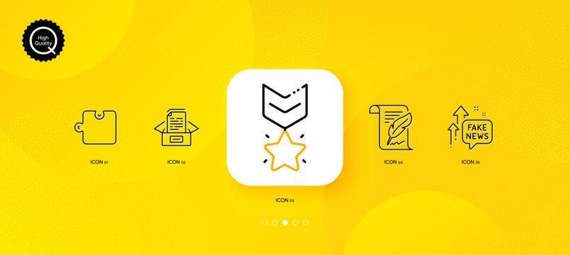 Documents box, Winner medal and Feather minimal line icons. Yellow abstract background. Fake news, Puzzle icons. For web, application, printing. Bureaucracy, Ranking star, Copyright page. Vector