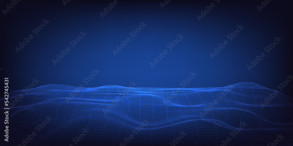 Poster Abstract scifi technology wireframe landscape perspective view. 3D dynamic fluid wave vector background.