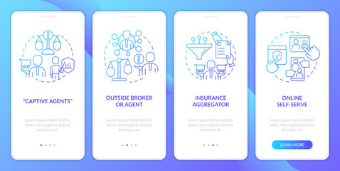 Fototapeta na wymiar Coverage services seller types blue gradient onboarding mobile app screen. Walkthrough 4 steps graphic instructions with linear concepts. UI, UX, GUI template. Myriad Pro-Bold, Regular fonts used