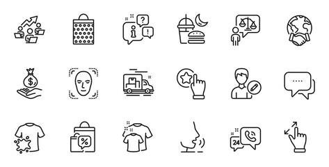 Fototapeta na wymiar Outline set of Face detection, Touchscreen gesture and 24h service line icons for web application. Talk, information, delivery truck outline icon. Vector