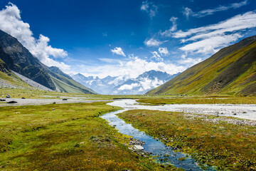 Beautiful Glacial rivers in Phustirang during Pin Bhaba pass trek in Himalayan mountain valley. Natural mountain landscape.