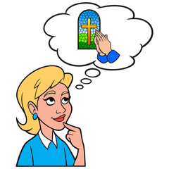 Girl thinking about Church - A cartoon illustration of a Girl thinking about attending Church on Sunday.