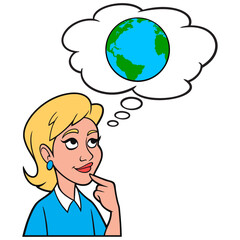 Girl thinking about Climate Change - A cartoon illustration of a Girl thinking about the effects of Climate Change.