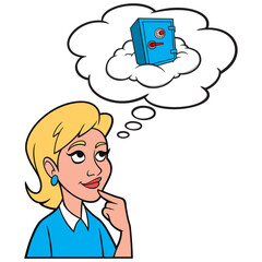 Girl thinking about Cloud Security - A cartoon illustration of a Girl thinking about Cloud Security to protect her Computer Data.