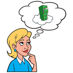 Girl thinking about Cloud Storage - A cartoon illustration of a Girl thinking about Cloud Storage for Data backup.