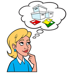 Girl thinking about collecting Comic Books - A cartoon illustration of a Girl thinking about collecting Comic Books.