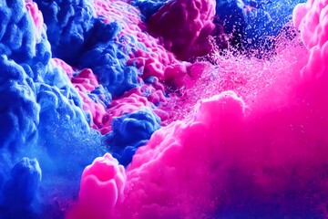 Explosion of pink and blue powder. Freeze motion of color powder exploding. 3D illustration

