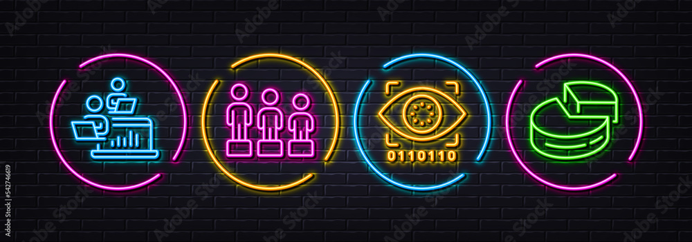 Poster artificial intelligence, equality and teamwork minimal line icons. neon laser 3d lights. pie chart i