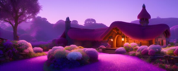 Violet evening in a Fantasy cozy fairytale village hidden in a beautiful forest. Beautiful fairy scene. Photorealistic 3D render