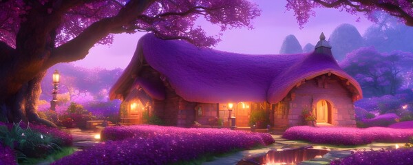 Violet evening in a Fantasy cozy fairytale village hidden in a beautiful forest. Beautiful fairy scene. Photorealistic 3D render