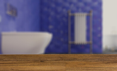 Bathroom interior bathtub. 3D rendering.. Background with empty wooden table. Flooring.