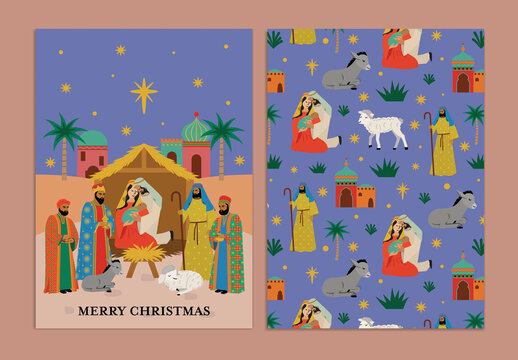 Nativity scene featuring three wisemen, mary, joseph and baby Jesus greeting card design