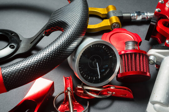 Sport car tuning equipment and accessories top view concept background.