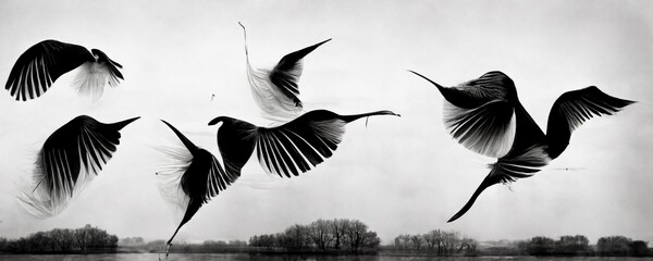 birds flying black and white photography-like illustration © YNYS