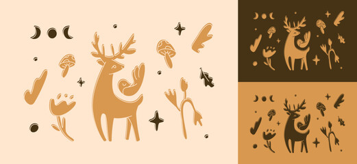 Fototapeta na wymiar Magic linocut wild deer clip art set. Folk art nature collection. Forest and garden elements. Wild nature vector illustration. 
