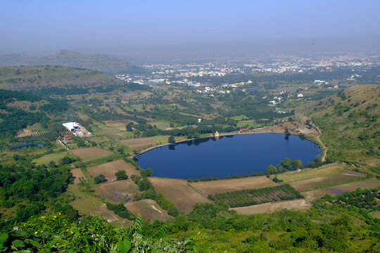Scenic view of Mastani Talav or Lake From Dive Ghat, situated near Wadki village, The water reservoir was built around 1720, Pune, Maharashtra, India.