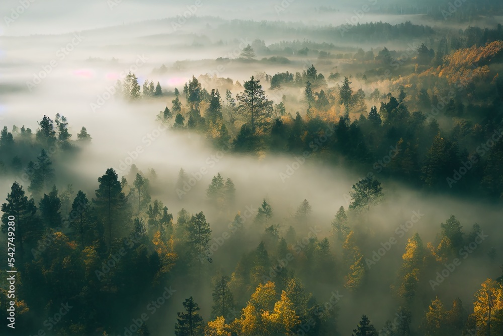 Wall mural early morning sunrise foggy forrest, treetips standing out of fog autumn fall foggy fall sunrise dro - Wall murals