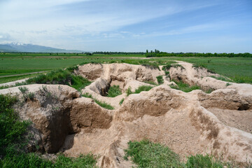 Fototapeta na wymiar Excavations of the ancient Burana settlement of the 6th-10th century in the foothills of Kyrgyzstan
