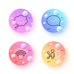 Approved message, Smile and 5g wifi minimal line icons. 3d spheres or balls buttons. Business hierarchy icons. For web, application, printing. Accepted chat, Comic chat, Wireless internet. Vector