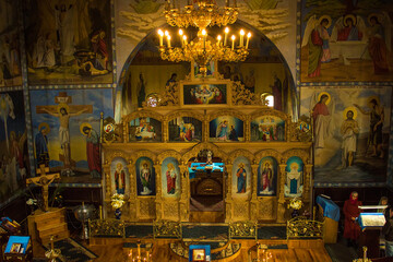 Interior of Ukrainian orthodox church in Svitlovodsk, Kirovograd region, Ukraine. Altar, icons and...