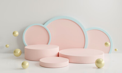 Platforms pink and blue pastel. Minimal scene with three podiums. Abstract geometric circle background. for trade show Cute, baby accessories, fashion, cosmetics or beauty products. 3D rendering