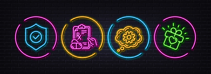 Cogwheel, Security shield and Prescription drugs minimal line icons. Neon laser 3d lights. Love gift icons. For web, application, printing. Engineering tool, Cyber protection, Pills. Vector