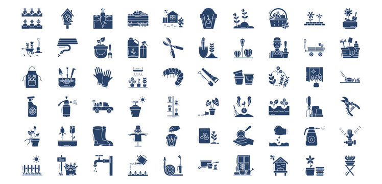 Collection of icons related to Gardening and farming, including icons like Bird house, Carrot, composting and more. vector illustrations, Pixel Perfect set