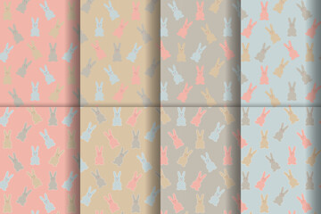 Set of cute cartoon bunny patterns. Seamless vector background with rabbits for kids design. Vector  illustration in pastel colors.