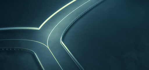 Turning point strategy choice - Rendering of a blue green crossroads with white road lines and guardrail illuminated - 542753082