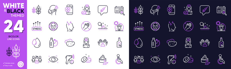 Face detect, Fitness water and Electronic thermometer line icons for website, printing. Collection of Medical mask, Medical calendar, Vaccine message icons. Alcohol free, Gluten free. Vector