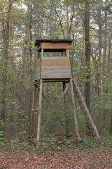 Timber construction perch in the German forest is used for the hunt.