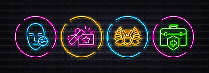 Problem skin, Loyalty gift and Laureate medal minimal line icons. Neon laser 3d lights. Medical insurance icons. For web, application, printing. Facial care, Bonus award, Laurel wreath. Vector