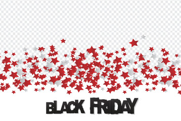 Black Friday sale banner. Website or newsletter header. Special offer discount. Transparent background with red and white stars. Vector illustration.