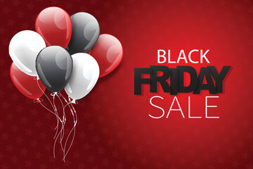 Black Friday sale banner. Special offer discount. Red background with balloons. Vector illustration.