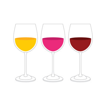Wine Glass. Glasses with white, rose and red wine. Simple illustration. Part of set.