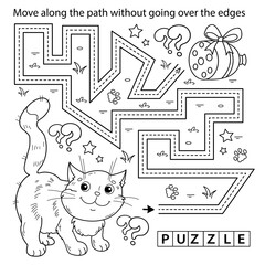 Handwriting practice sheet. Simple educational game or maze. Coloring Page Outline Of cartoon cat with sausage. Coloring book for kids.