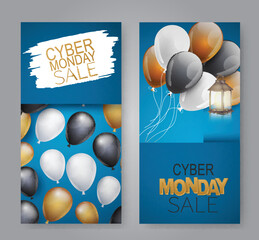 Cyber Monday sale banner set. Special offer discount. Blue background and white, red, and black balloons. Vector illustration.