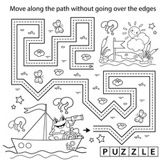 Handwriting practice sheet. Simple educational game or maze. Coloring Page Outline Of cartoon fun frog on ship. Little sailor. Coloring book for kids.