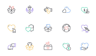 Fototapeta premium Donate and Charity line icons. Volunteer help, Global hunger, Food box. Helping hand, Heart donate and Care service line icons. Donation or Blood collection, Money charity and Food care. Vector