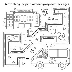 Handwriting practice sheet. Simple educational game or maze. Coloring Page Outline Of cartoon doctor with ambulance car near the hospital. Coloring book for kids.
