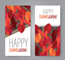 Thanksgiving flyer, banner or poster set. Fall traditional american holiday. Background with maple and oak red and orange leaves on wooden rustic board. Vector illustration.